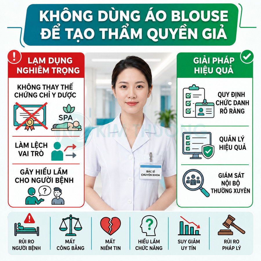 Bác sĩ nữ mặc áo blouse trắng đứng trong bệnh viện, thẻ tên bác sĩ chuyên khoa rõ ràng