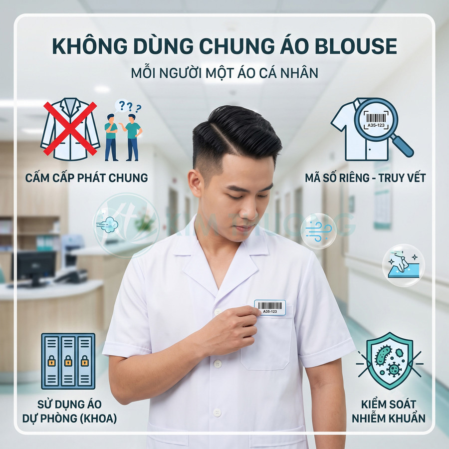 Nhân viên y tế mặc áo blouse trắng gắn mã vạch cá nhân trong hành lang bệnh viện