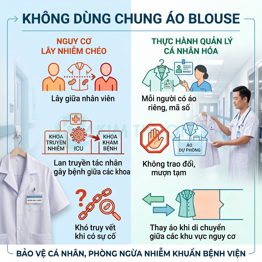Bác sĩ bệnh viện treo áo blouse riêng có gắn bảng tên, khuyến cáo không dùng chung để phòng ngừa nhiễm khuẩn