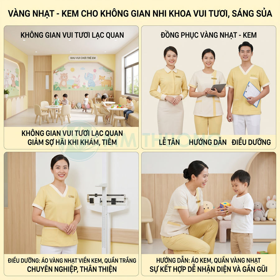 Không gian nhi khoa với nhân viên mặc đồng phục vàng kem thân thiện chơi và chăm sóc trẻ em