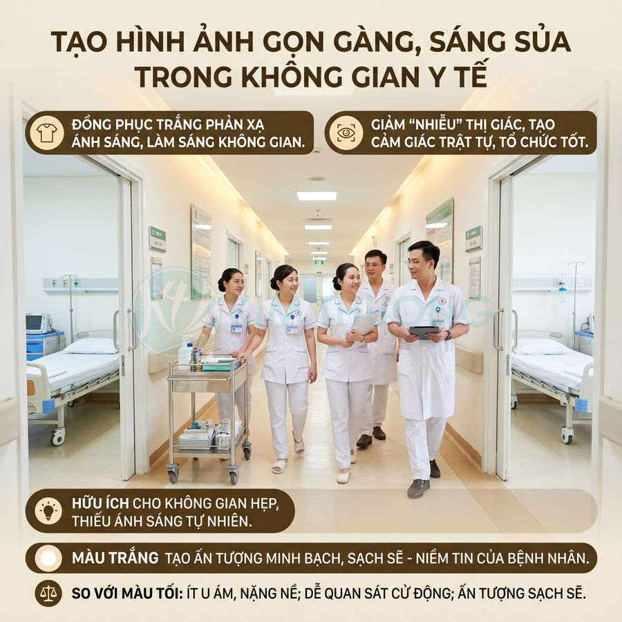 Nhân viên y tế mặc đồng phục trắng đi trong hành lang bệnh viện sáng sủa, sạch sẽ
