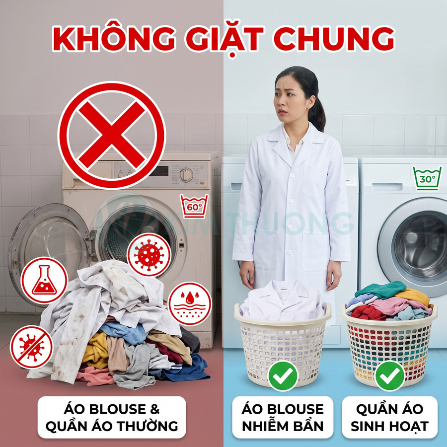 Hướng dẫn không giặt chung áo blouse y tế với quần áo thường, phân loại đồ bẩn và đồ sinh hoạt riêng