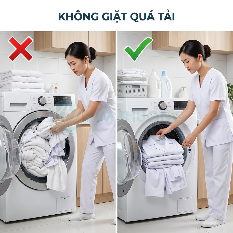 Người phụ nữ cho quần áo trắng vào máy giặt cửa trước, minh họa cách không giặt quá tải