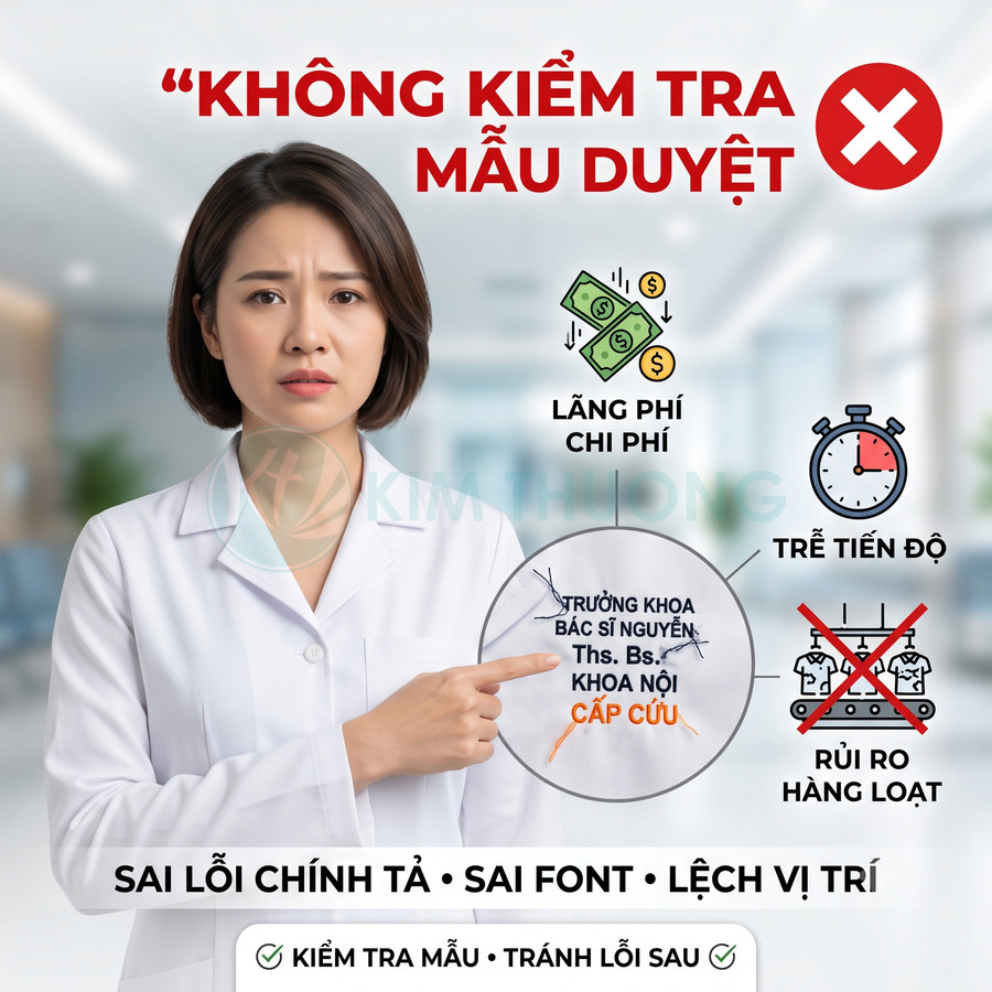 Bác sĩ nữ trong bệnh viện chỉ vào văn bản in sai chính tả, cảnh báo không kiểm tra mẫu duyệt gây lãng phí chi phí và rủi ro