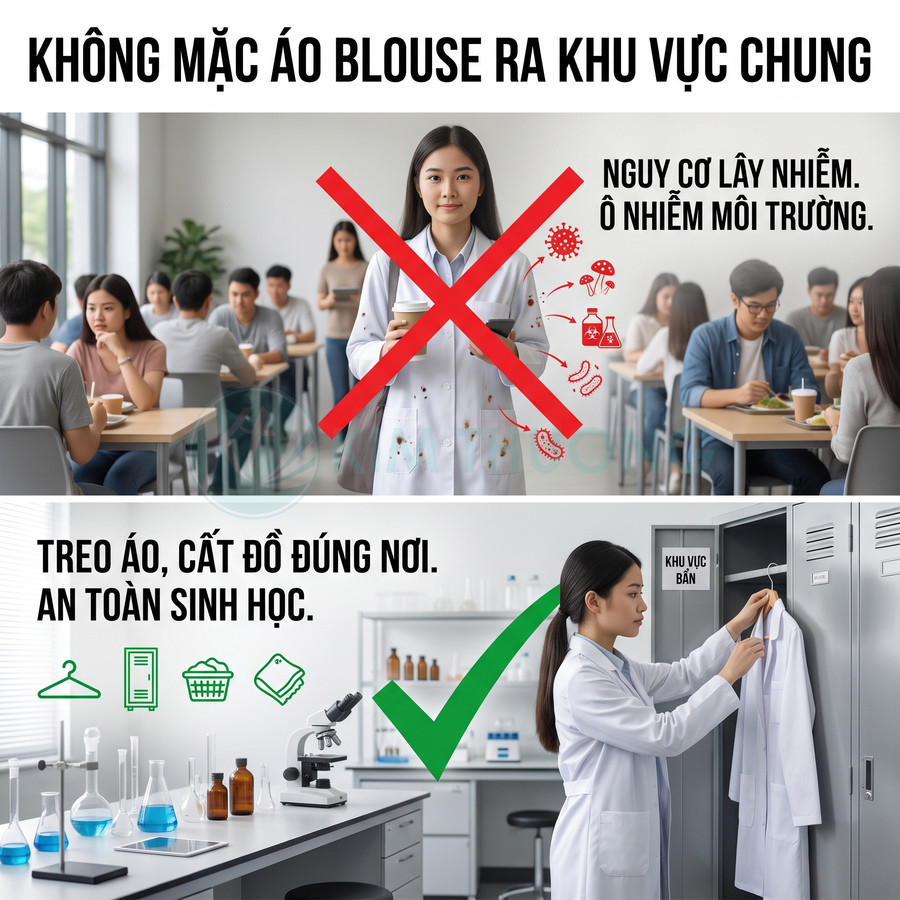 Hướng dẫn an toàn sinh học treo và cất áo blouse đúng nơi, không mặc áo blouse ra khu vực ăn uống chung