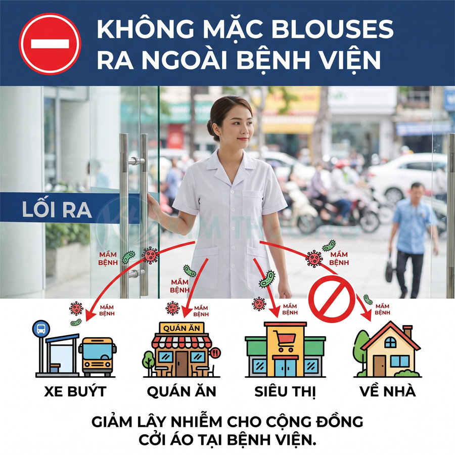 Nhân viên y tế mặc áo blouse trắng bước ra cửa bệnh viện với cảnh báo không mặc áo blouse ra ngoài