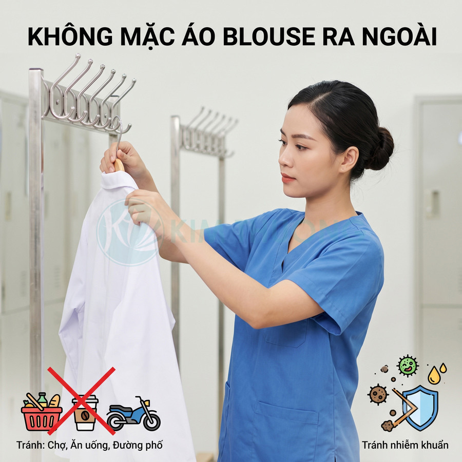 Nhân viên y tế treo áo blouse trắng lên móc inox để tránh mặc áo blouse ra ngoài