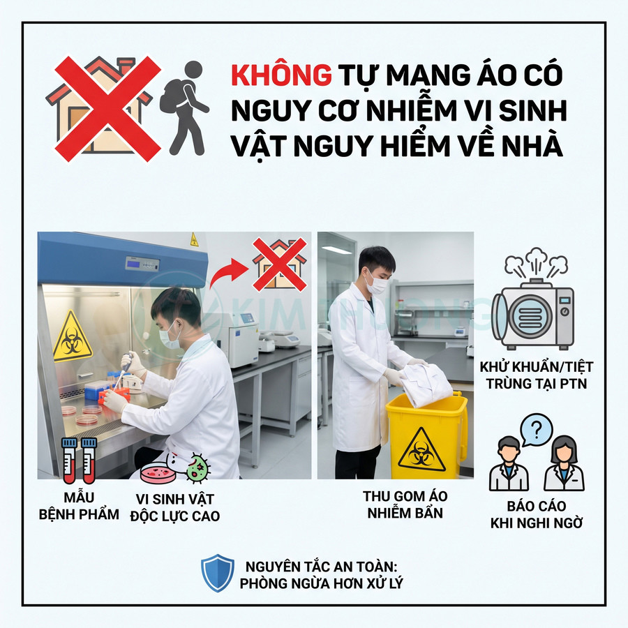 Biển hướng dẫn an toàn phòng thí nghiệm về xử lý áo nhiễm vi sinh vật nguy hiểm và khử khuẩn tại chỗ