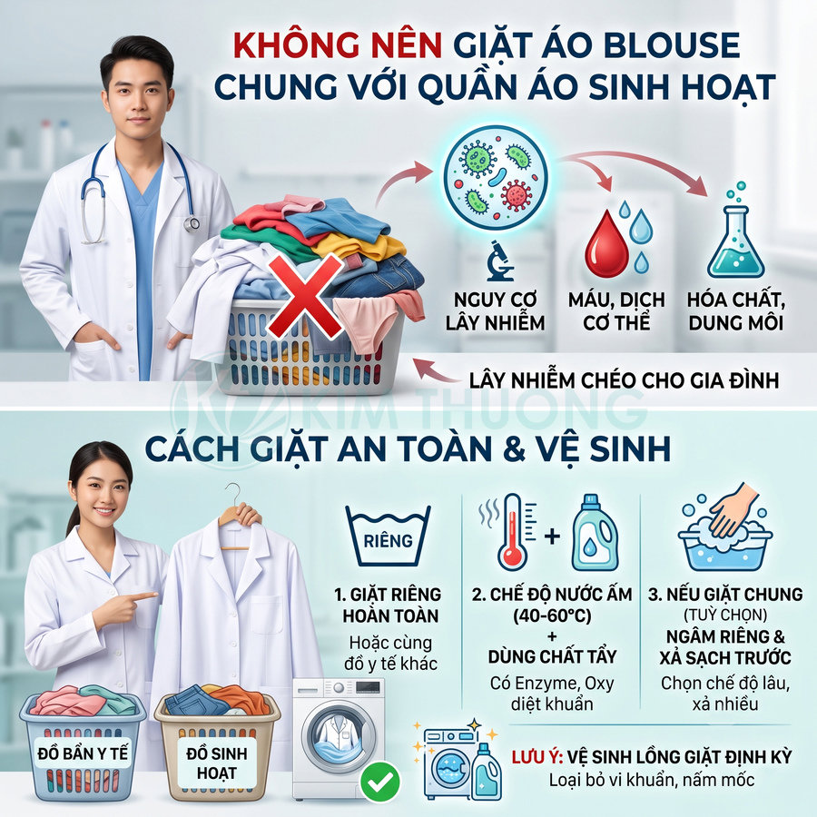 Hướng dẫn giặt áo blouse y tế riêng với quần áo sinh hoạt để tránh lây nhiễm và đảm bảo an toàn vệ sinh