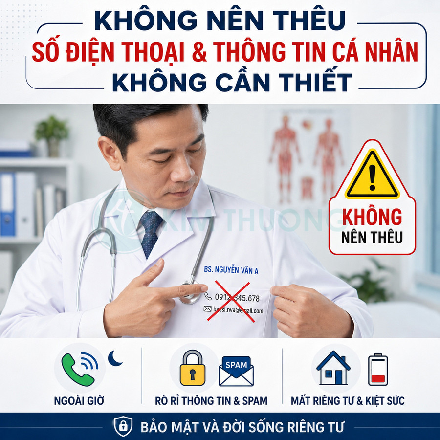 Bác sĩ mặc áo blouse trắng chỉ vào thông tin cá nhân bị gạch chéo, cảnh báo không nên thêu số điện thoại lên áo