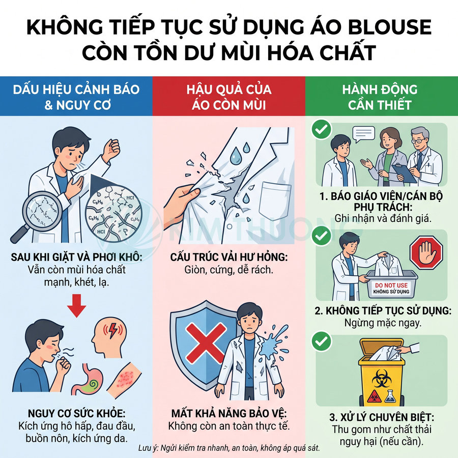 Áo blouse còn mùi hóa chất sau khi giặt cần ngừng sử dụng và xử lý riêng như chất thải nguy hại.
