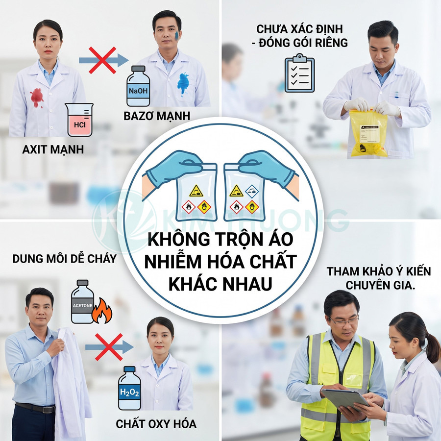 Hướng dẫn phân loại và đóng gói riêng áo blouse nhiễm hóa chất, không trộn lẫn các loại hóa chất khác nhau