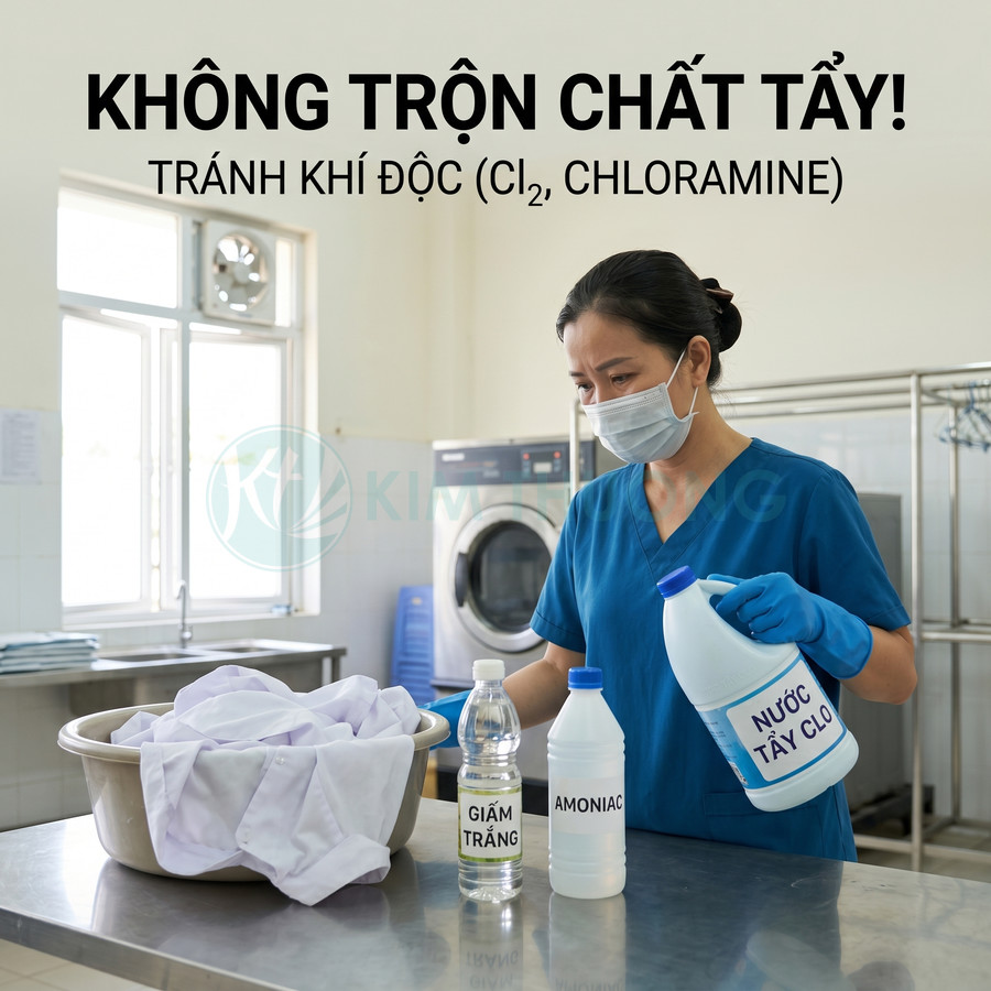 Nhân viên giặt là đeo khẩu trang găng tay cầm chai nước tẩy clo cạnh chai amoniac và giấm trắng bên chậu đồ trắng