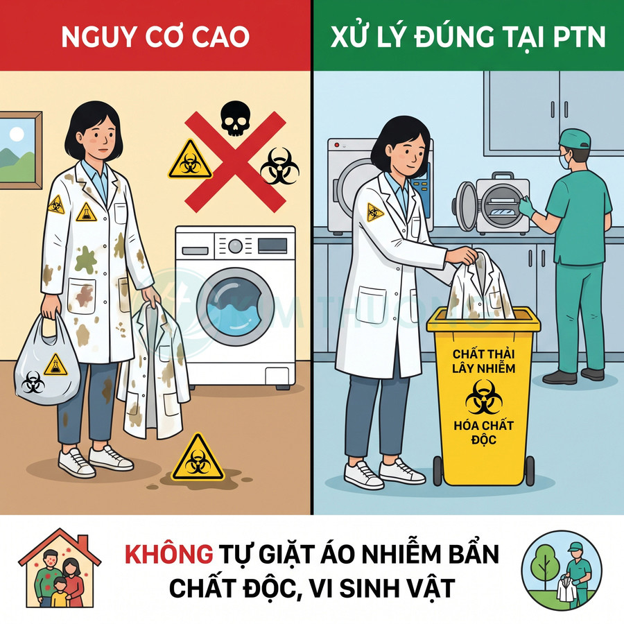 Áo blouse nhiễm bẩn và chất độc được phân loại, xử lý tại khu giặt chuyên dụng thay vì tự giặt tại nhà