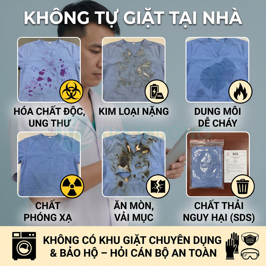 Áo đồng phục y tế màu xanh bị nhiễm hóa chất, kim loại nặng và chất thải nguy hại, kèm cảnh báo không tự giặt tại nhà
