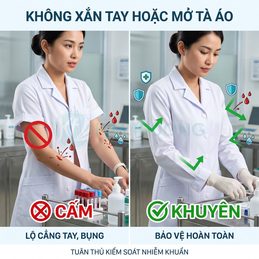 Nhân viên y tế trong phòng thí nghiệm so sánh mặc áo blouse xắn tay sai quy định và mặc kín tay đeo găng đúng chuẩn kiểm soát nhiễm khuẩn