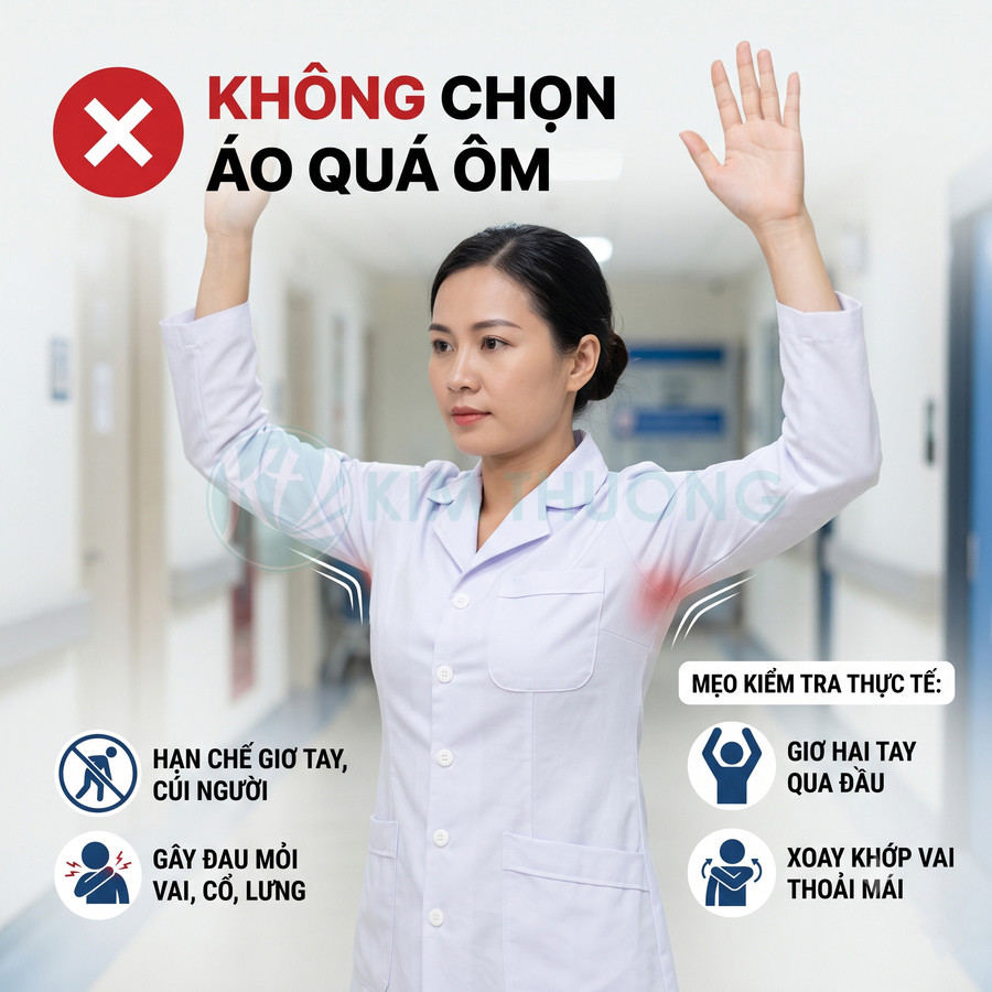 Nữ nhân viên y tế mặc áo blouse trắng giơ tay kiểm tra độ rộng áo, khuyến cáo không chọn áo quá ôm