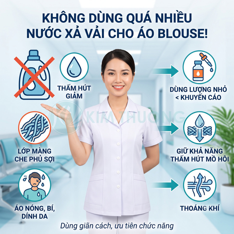 Nữ nhân viên y tế mặc áo blouse trắng đứng trong bệnh viện, minh họa cách dùng nước xả vải đúng cho áo blouse