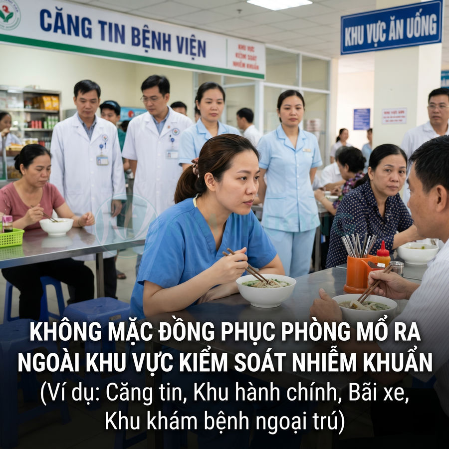 Nhân viên y tế mặc đồ phòng mổ ăn trưa trong căng tin bệnh viện, xung quanh là bác sĩ và bệnh nhân