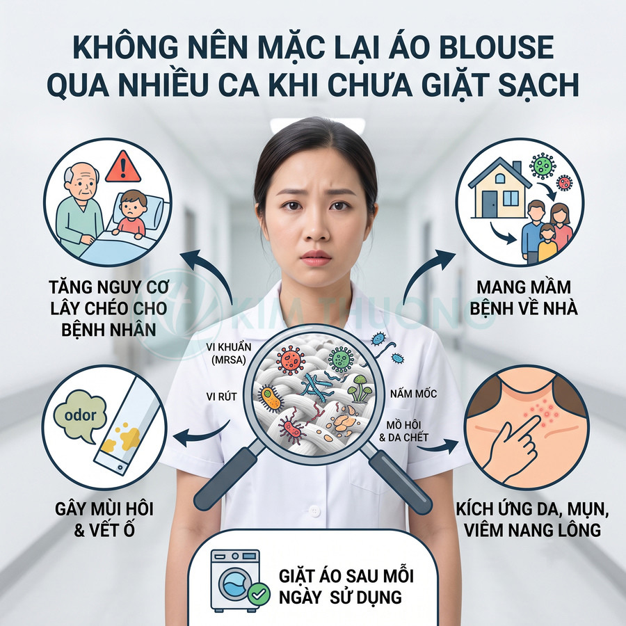Nữ nhân viên y tế mặc áo blouse trắng với infographic cảnh báo nguy cơ khi không giặt áo sau mỗi ca làm việc