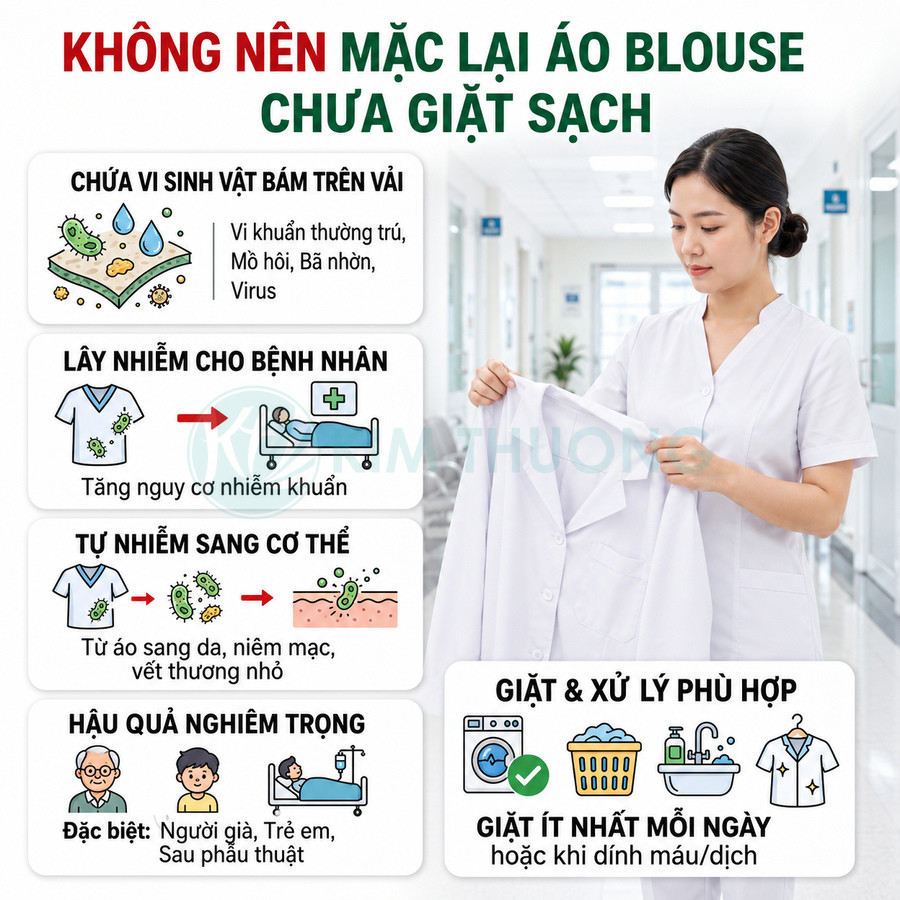 Nhân viên y tế cầm áo blouse trắng, minh họa cảnh báo không nên mặc lại áo blouse chưa giặt sạch