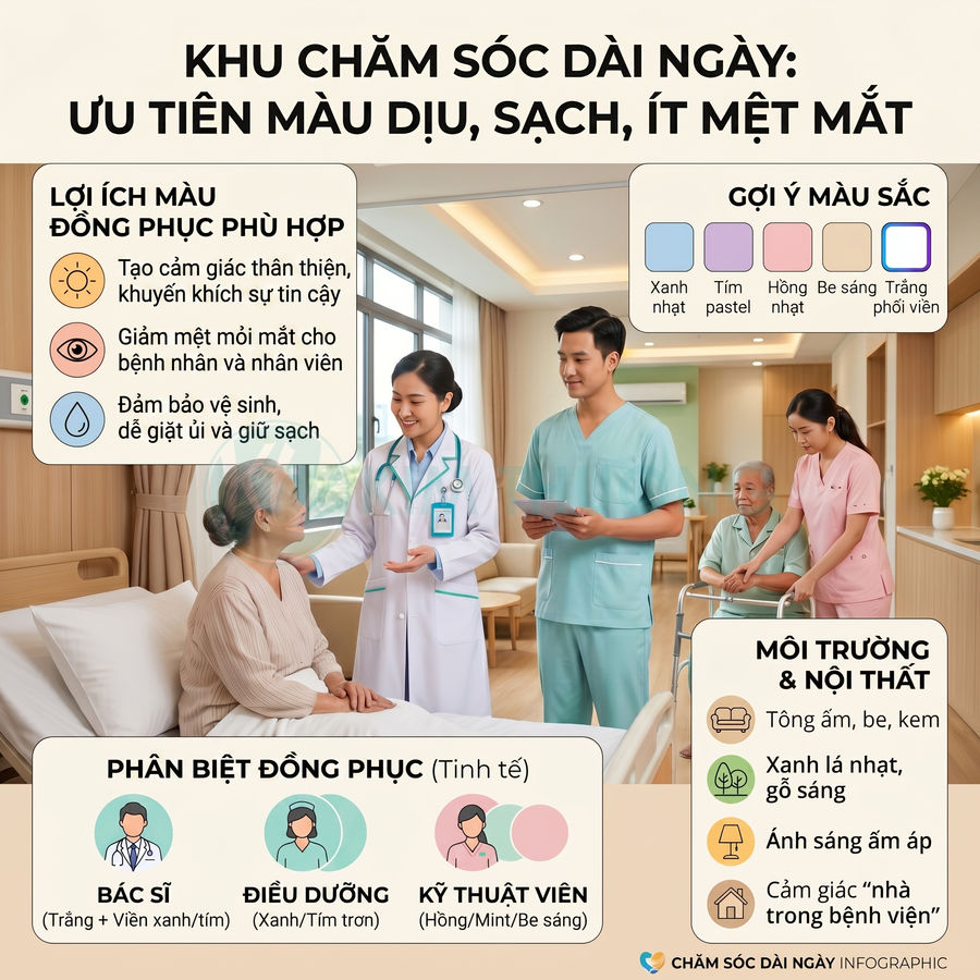 Nhân viên y tế mặc đồng phục màu pastel chăm sóc người cao tuổi trong phòng bệnh nội thất gỗ sáng