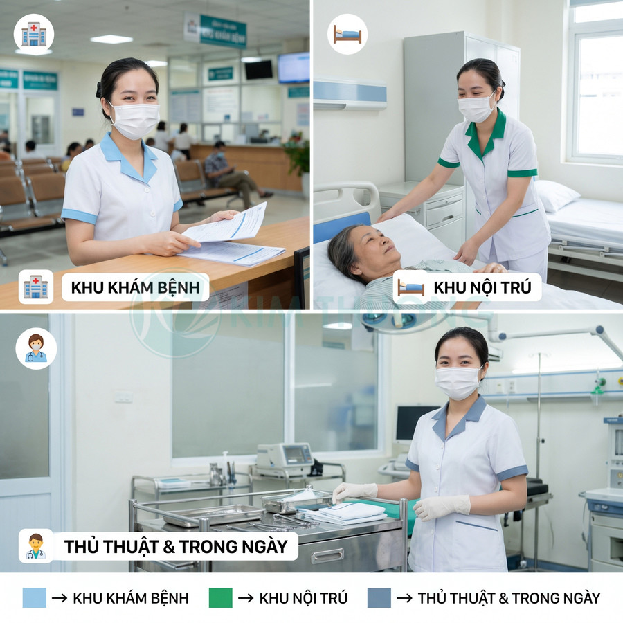 Điều dưỡng chăm sóc bệnh nhân tại khu khám bệnh, khu nội trú và khu thủ thuật trong ngày của bệnh viện