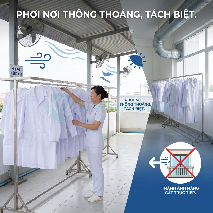 Áo blouse trắng được phơi trên giàn trong khu vực thông thoáng, tránh ánh nắng trực tiếp