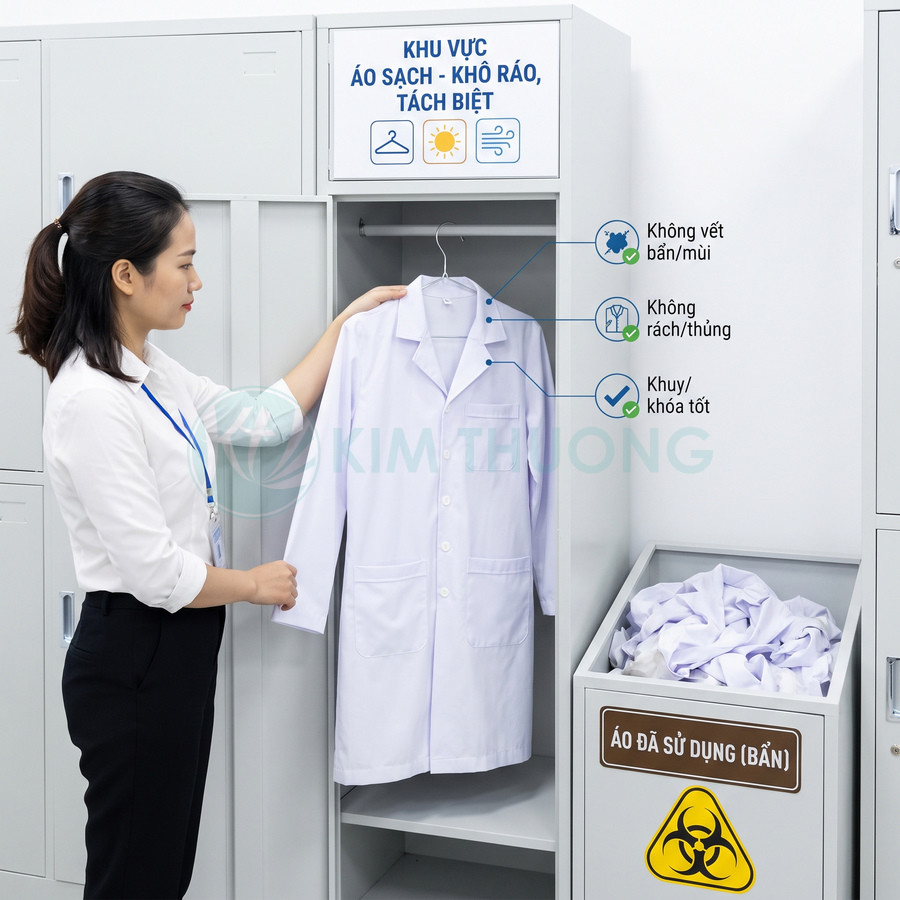 Áo blouse phòng thí nghiệm trắng được kiểm tra và treo trong tủ đồ sạch, bên cạnh thùng đựng áo đã sử dụng.
