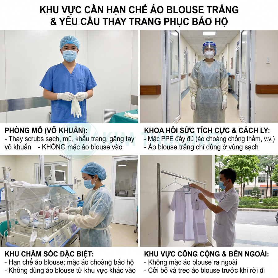 Nhân viên y tế mặc đồ bảo hộ và treo áo blouse trắng đúng quy định trong các khu vực bệnh viện
