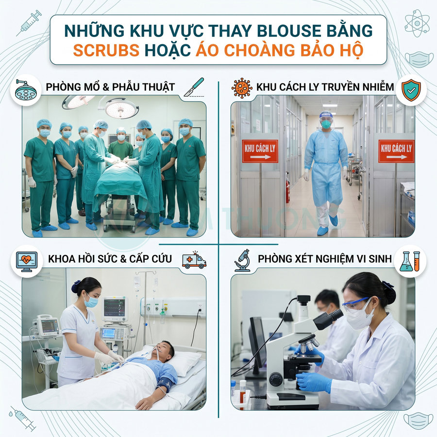 Nhân viên y tế mặc scrubs và áo choàng bảo hộ làm việc tại phòng mổ, khu cách ly, hồi sức cấp cứu và phòng xét nghiệm