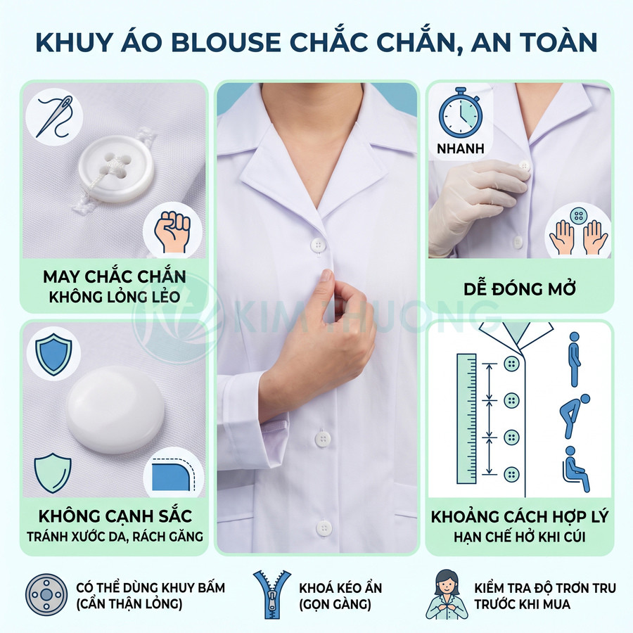 Áo blouse trắng cài khuy chắc chắn an toàn, dễ đóng mở, không cạnh sắc, thiết kế hạn chế hở khi cúi