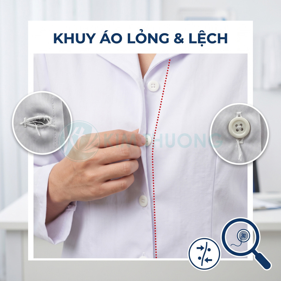 Khuy áo sơ mi trắng bị lỏng và lệch, cận cảnh lỗ khuy rách và nút áo may không chắc chắn