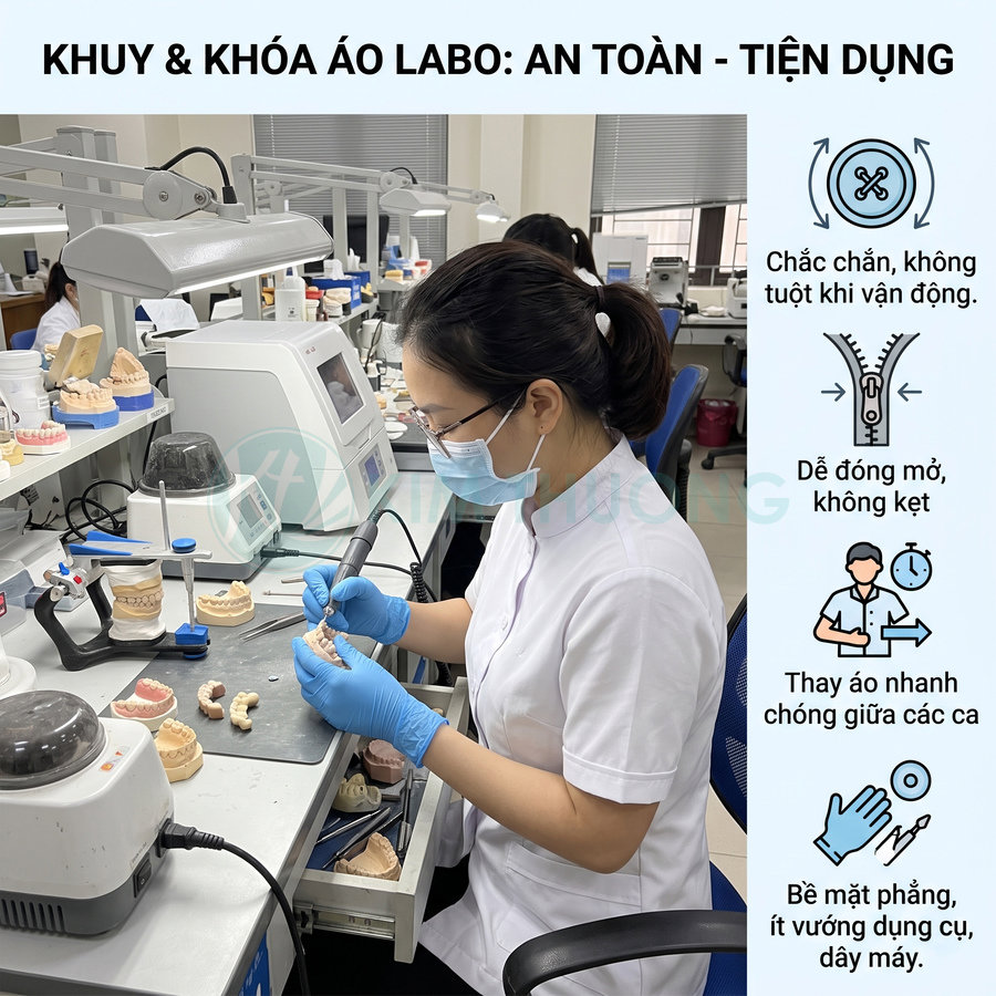 Kỹ thuật viên nha khoa mặc áo labo cài khuy khóa an toàn tiện dụng khi làm việc với mẫu răng