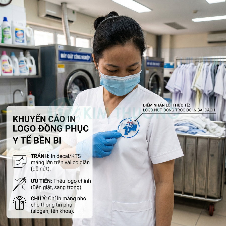 Nhân viên y tế mặc đồng phục trắng kiểm tra logo in bị bong tróc trên áo trong phòng giặt ủi