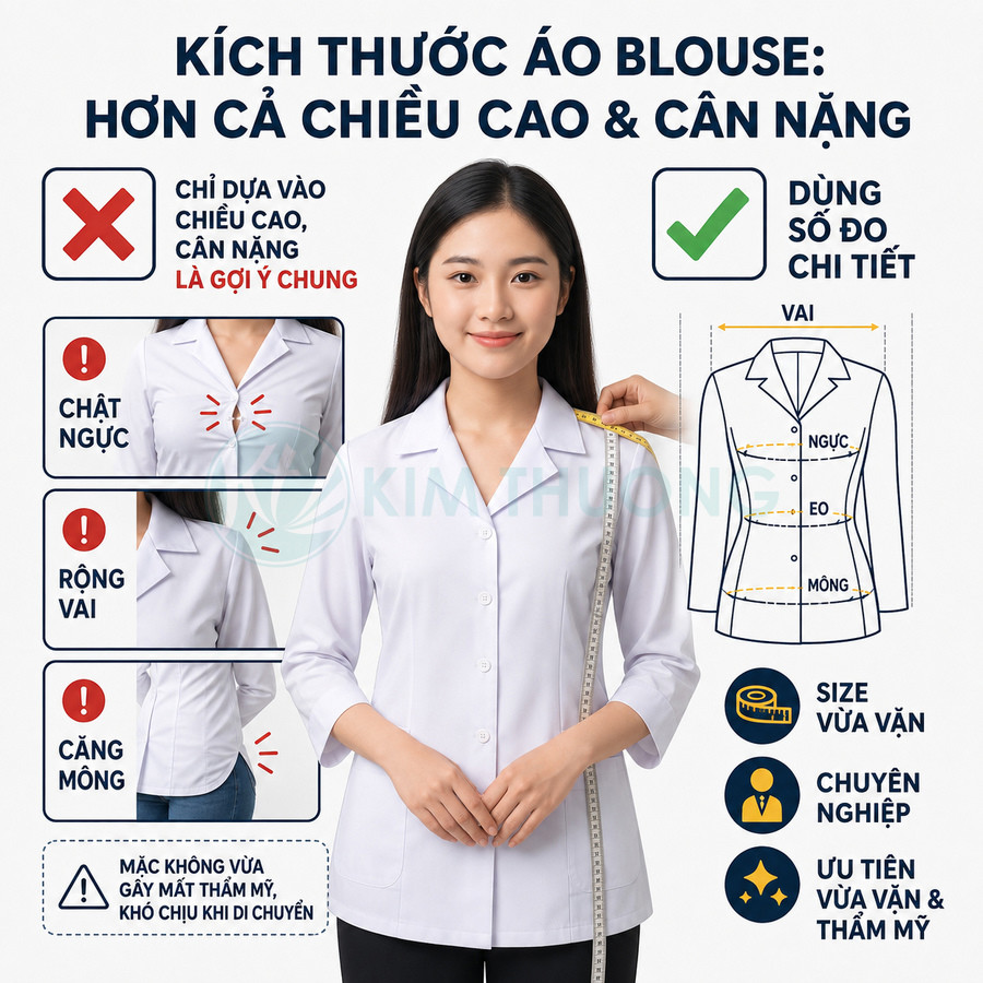Nữ nhân viên mặc áo blouse trắng được đo số đo chi tiết để chọn size vừa vặn chuyên nghiệp