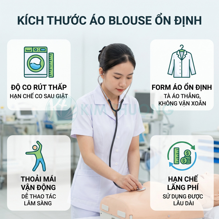 Nữ điều dưỡng mặc áo blouse trắng form đứng, thoải mái vận động, hạn chế co rút và bền sử dụng lâu dài