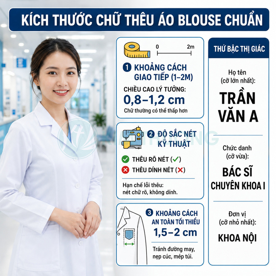 Bác sĩ nữ mặc áo blouse trắng đứng trong bệnh viện, minh họa hướng dẫn kích thước chữ thêu trên áo blouse chuẩn