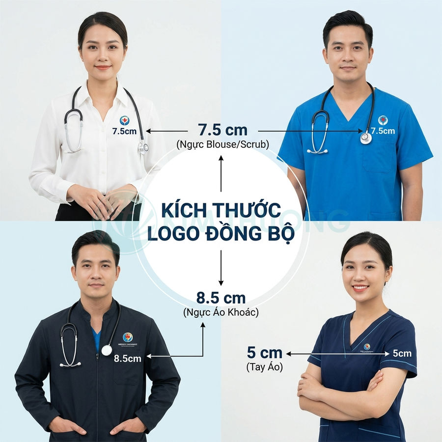 Đồng phục y tế với logo bệnh viện in trên ngực và tay áo, thể hiện kích thước logo đồng bộ