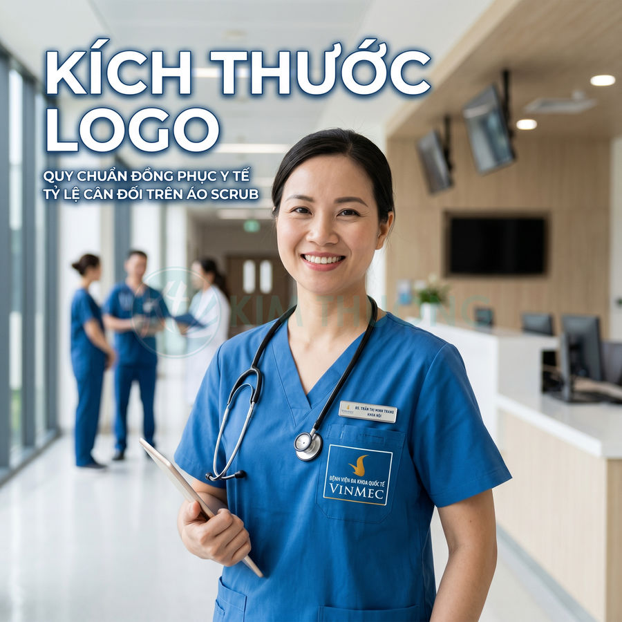 Điều dưỡng mặc đồng phục y tế xanh logo Vinmec cầm hồ sơ đứng tại sảnh bệnh viện