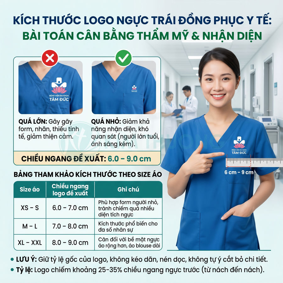Nhân viên y tế mặc đồng phục xanh logo Bệnh viện Đa khoa Tâm Đức ở ngực trái kèm thước đo kích thước logo