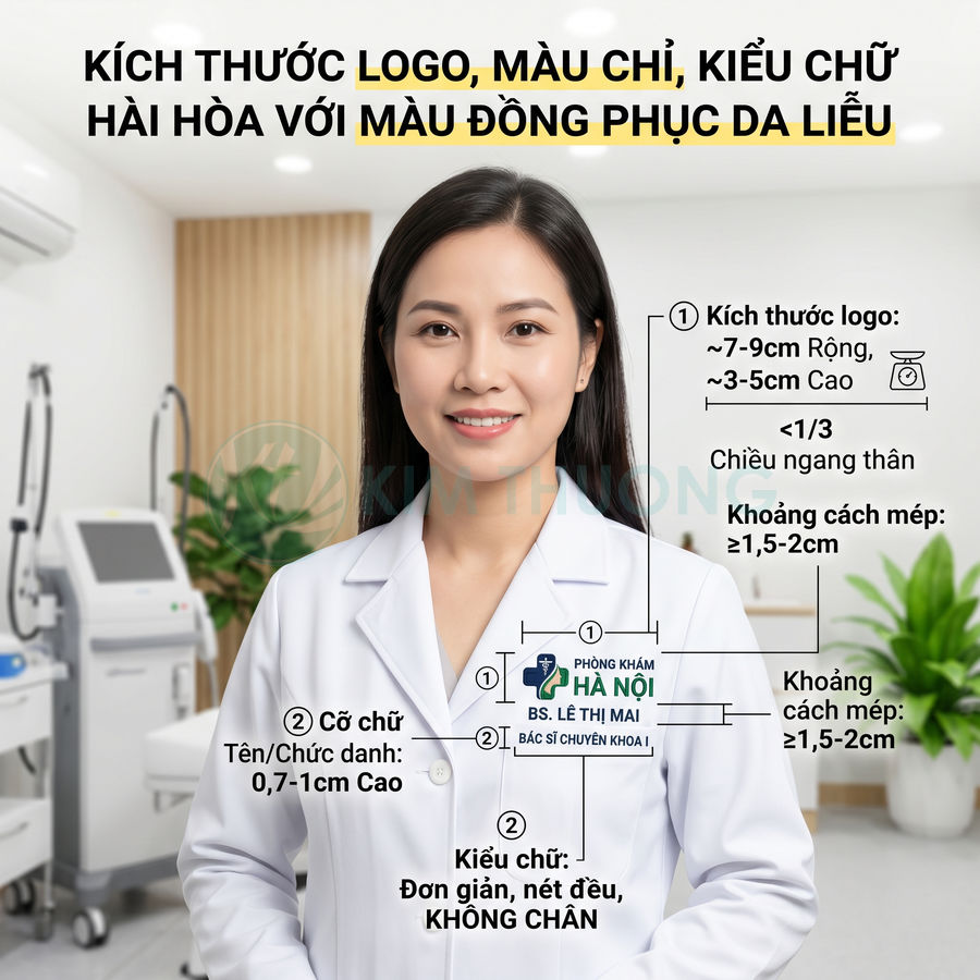 Bác sĩ da liễu mặc áo blouse trắng có logo phòng khám Hà Nội và hướng dẫn kích thước, kiểu chữ trên áo