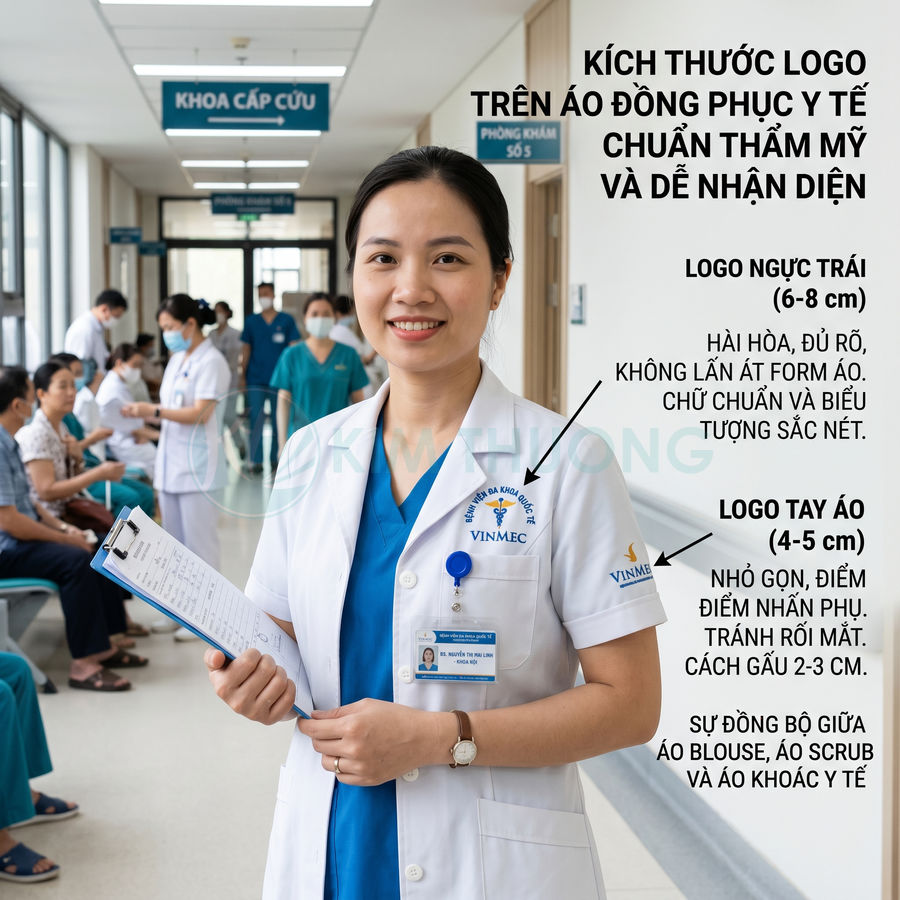 Nữ bác sĩ bệnh viện Vinmec mặc áo blouse trắng logo ngực và tay áo rõ nét trong hành lang khoa cấp cứu