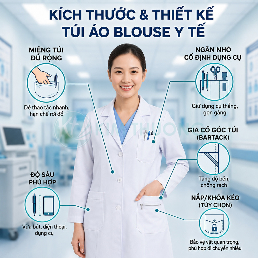 Áo blouse y tế trắng với nhiều túi tiện dụng, có ngăn nhỏ cố định dụng cụ và túi khóa kéo bảo vệ đồ dùng