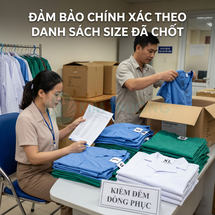 Nhân viên kiểm đếm đồng phục công ty theo danh sách size với các chồng áo sơ mi và áo thun gấp gọn