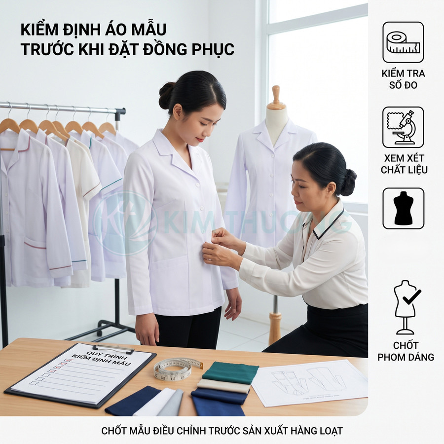 Nhân viên may đo kiểm tra áo blouse đồng phục trắng trên người mẫu trước khi chốt sản xuất hàng loạt