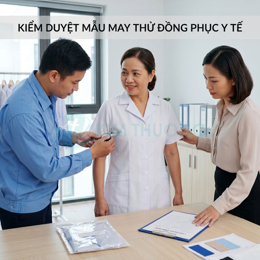 Nhân viên đo và kiểm duyệt mẫu áo blouse đồng phục y tế cho nữ điều dưỡng