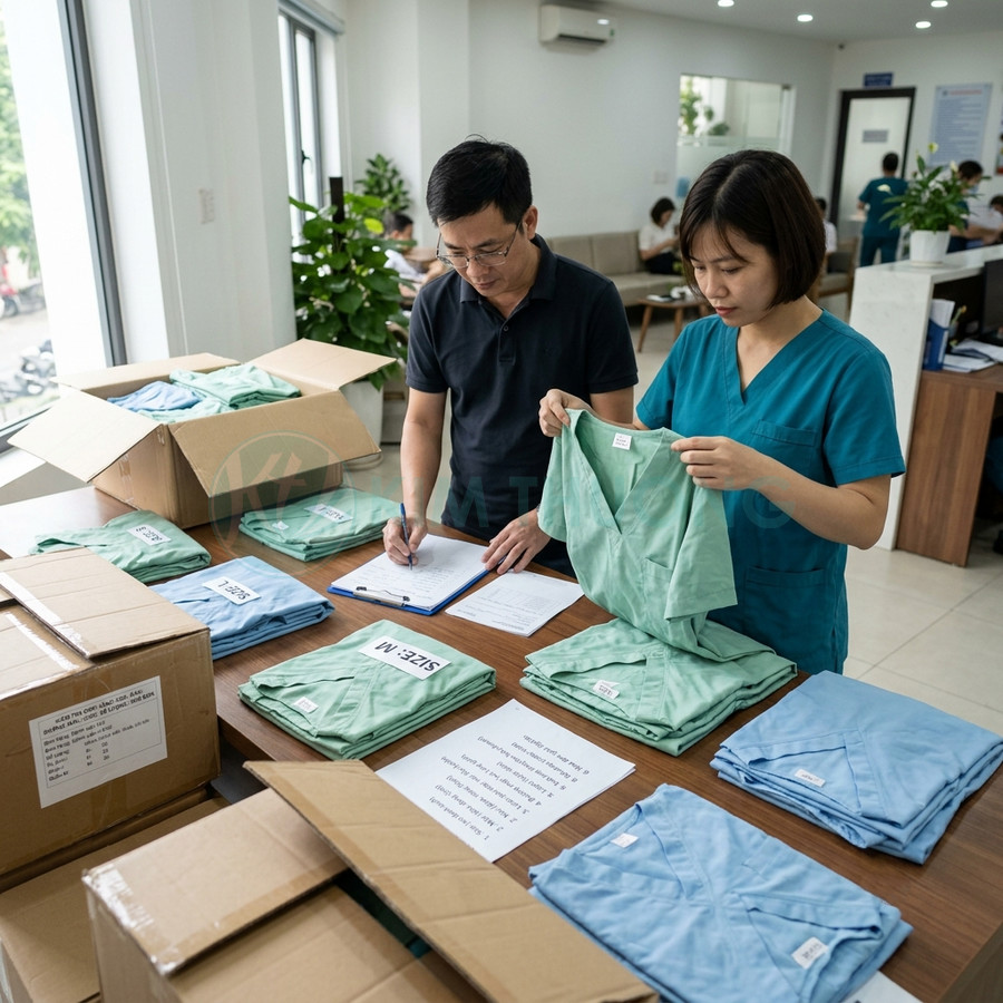 Nhân viên kiểm kê và gấp đồng phục y tế màu xanh mới lấy từ thùng carton trong văn phòng