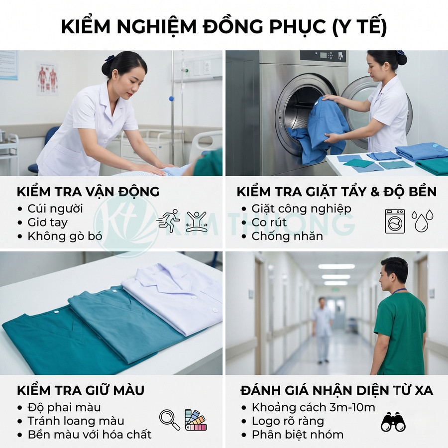 Quy trình kiểm nghiệm đồng phục y tế với bác sĩ, y tá và các mẫu áo blouse trên bàn