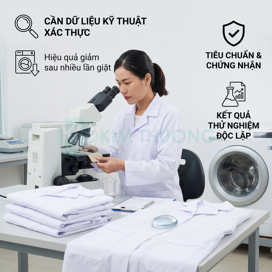 Vải áo blouse trắng được kiểm nghiệm độ bền sau nhiều lần giặt trong phòng thí nghiệm